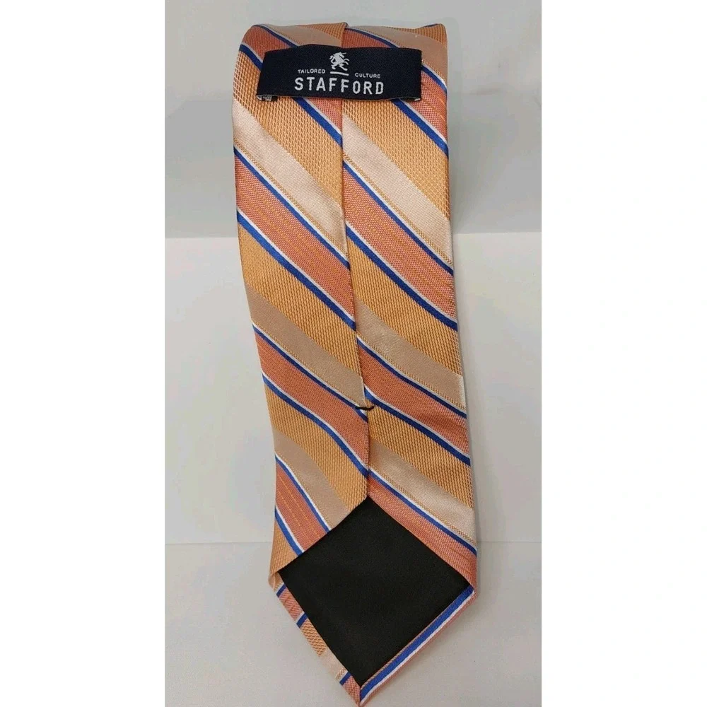 Stafford Performance Blue on Peach Striped Mens‎ Tie 100% Silk 3
